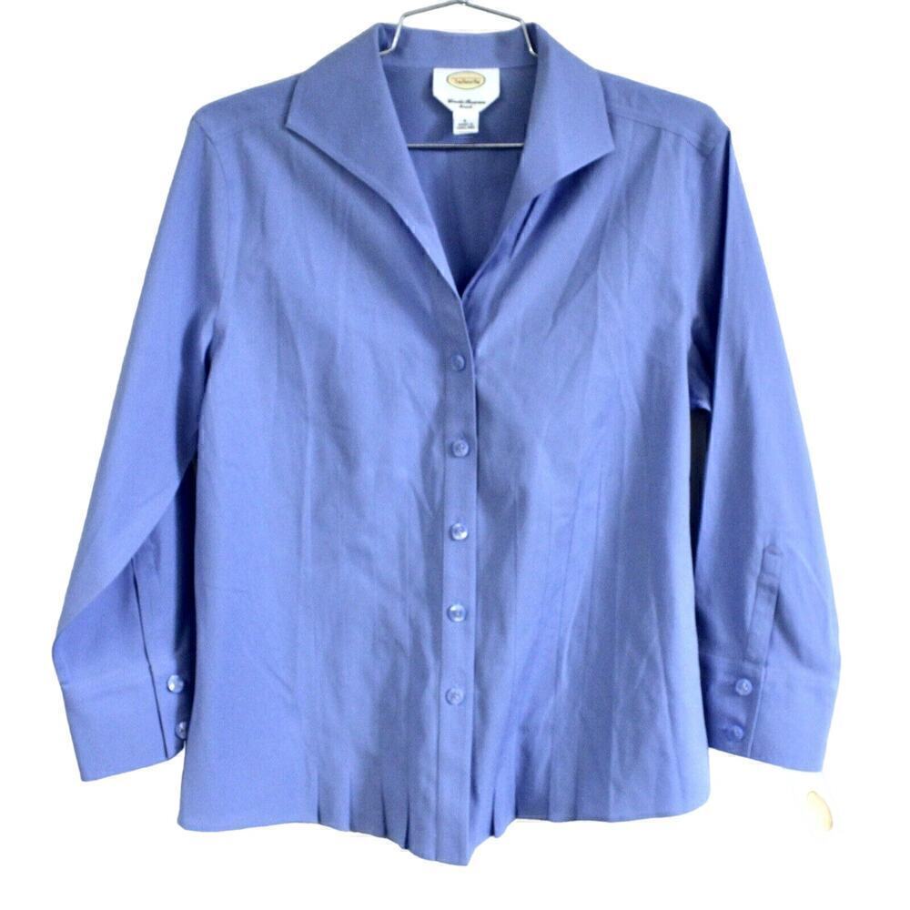 Talbots Womens 6 Solid Blue 3/4 Sleeve Tailored Blouse NWT $68 Stretch Pleated